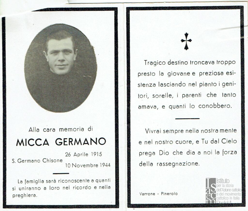 Ricordo funebre di Germano Micca